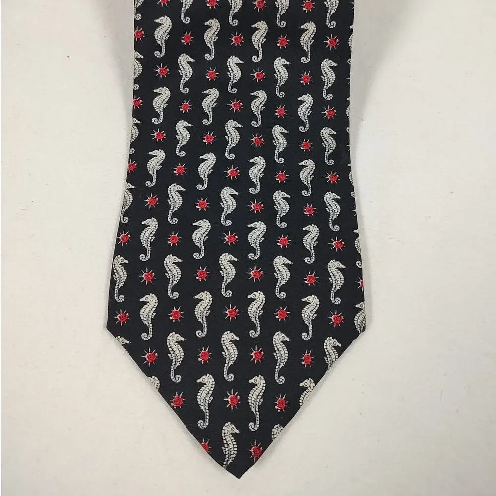 VTG Vivace Silk Tie Black Seahorse Novelty Pattern Red Sunburst Nautical Beach